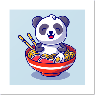 Cute Panda Sitting In The Noodle Bowl Cartoon Posters and Art